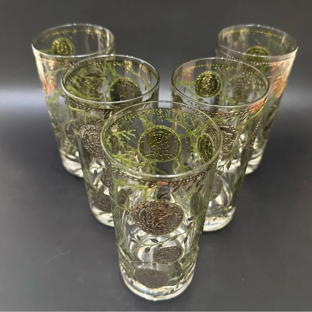 Lot of 5 Vintage MCM MidMod CULVER Midas 22K Gold American Coin Leaves Highball